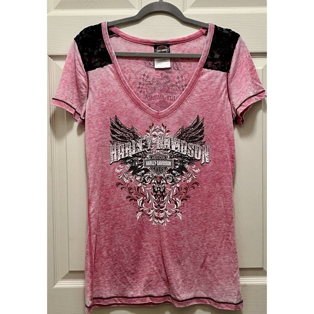 Harley Davidson Womens XL Pink Burnout V Neck T Shirt Lace Gillette Wyoming